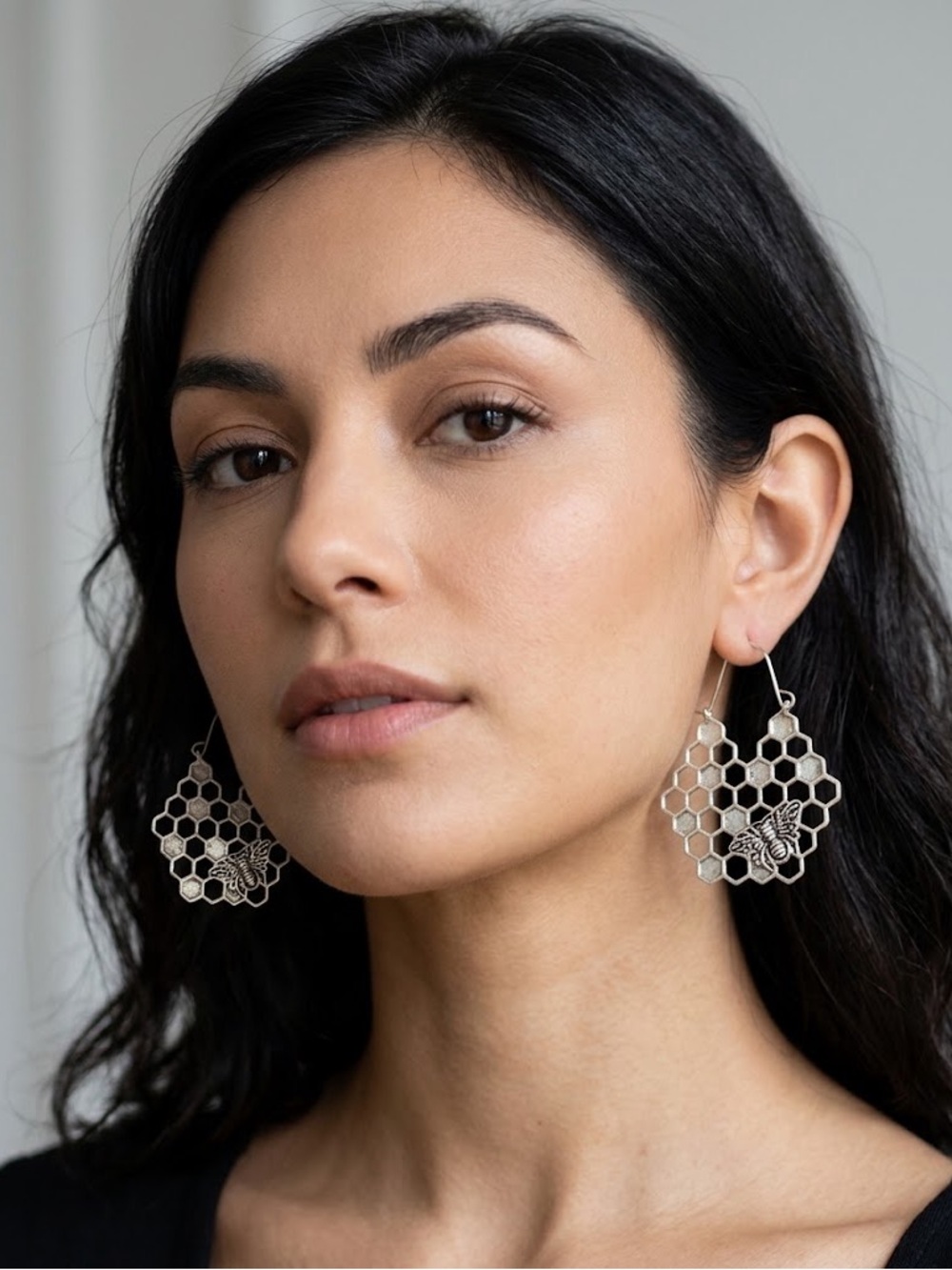 Silver Honeycomb & Bumblebee Hoop Earrings - Cute Hexagon Bee Jewelry